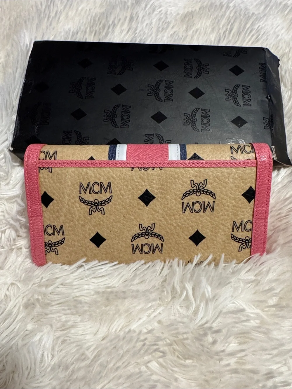 MCM Beige Monogram Long Trifold Wallet with Pink Trim and Gold Accents NWT
